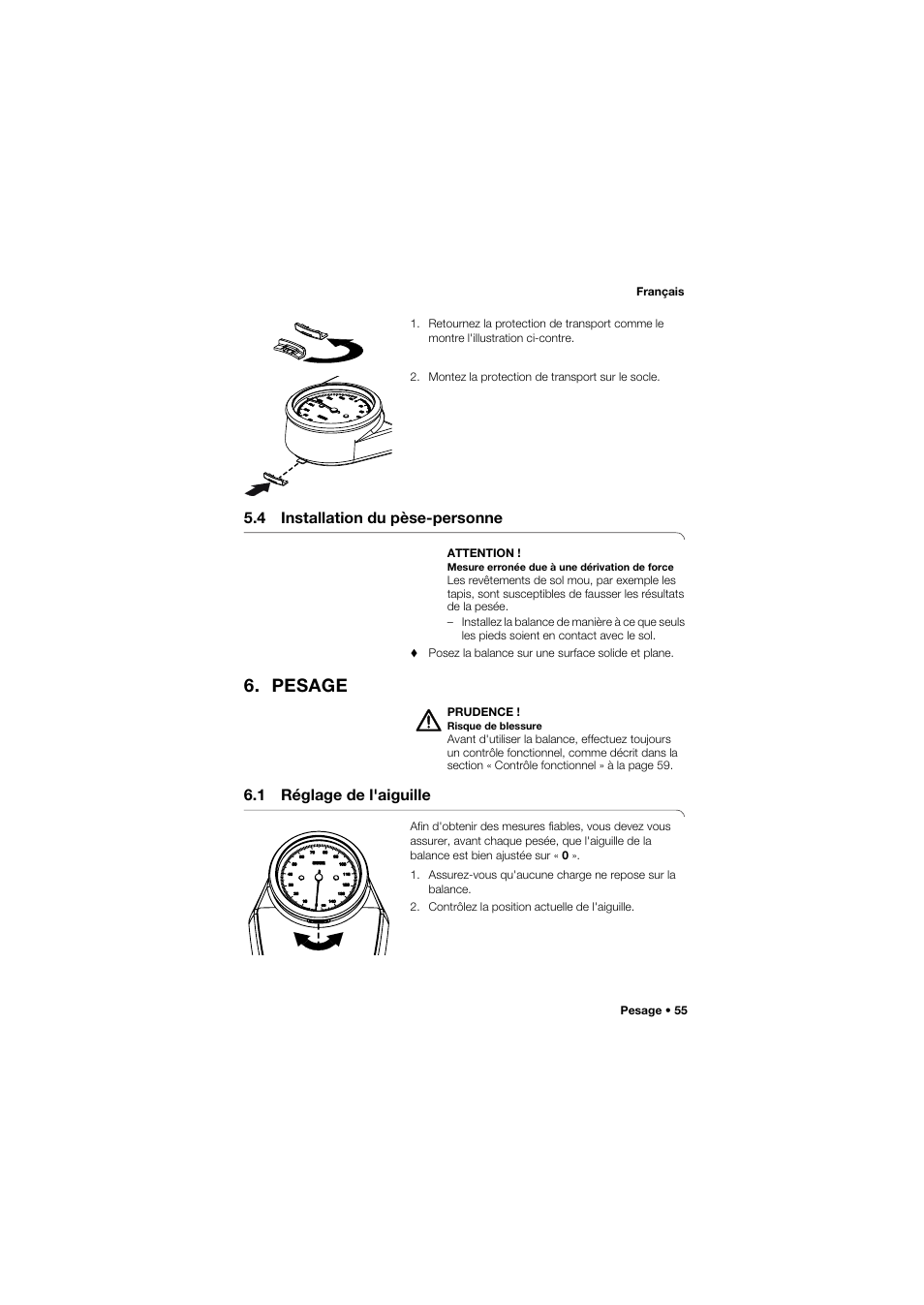 4 installation du pèse-personne, Pesage, 1 réglage de l'aiguille | Seca 762 User Manual | Page 55 / 155