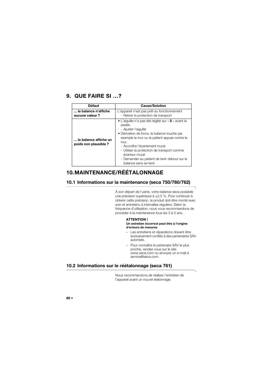 Que faire si, Maintenance/réétalonnage, 2 informations sur le réétalonnage (seca 761) | Que faire si …? 10.maintenance/réétalonnage | Seca 762 User Manual | Page 60 / 155