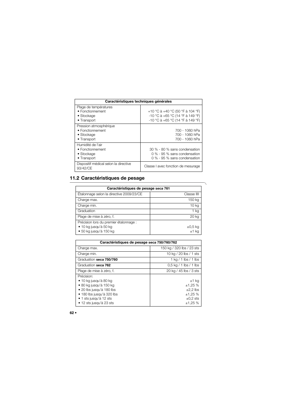 2 caractéristiques de pesage | Seca 762 User Manual | Page 62 / 155