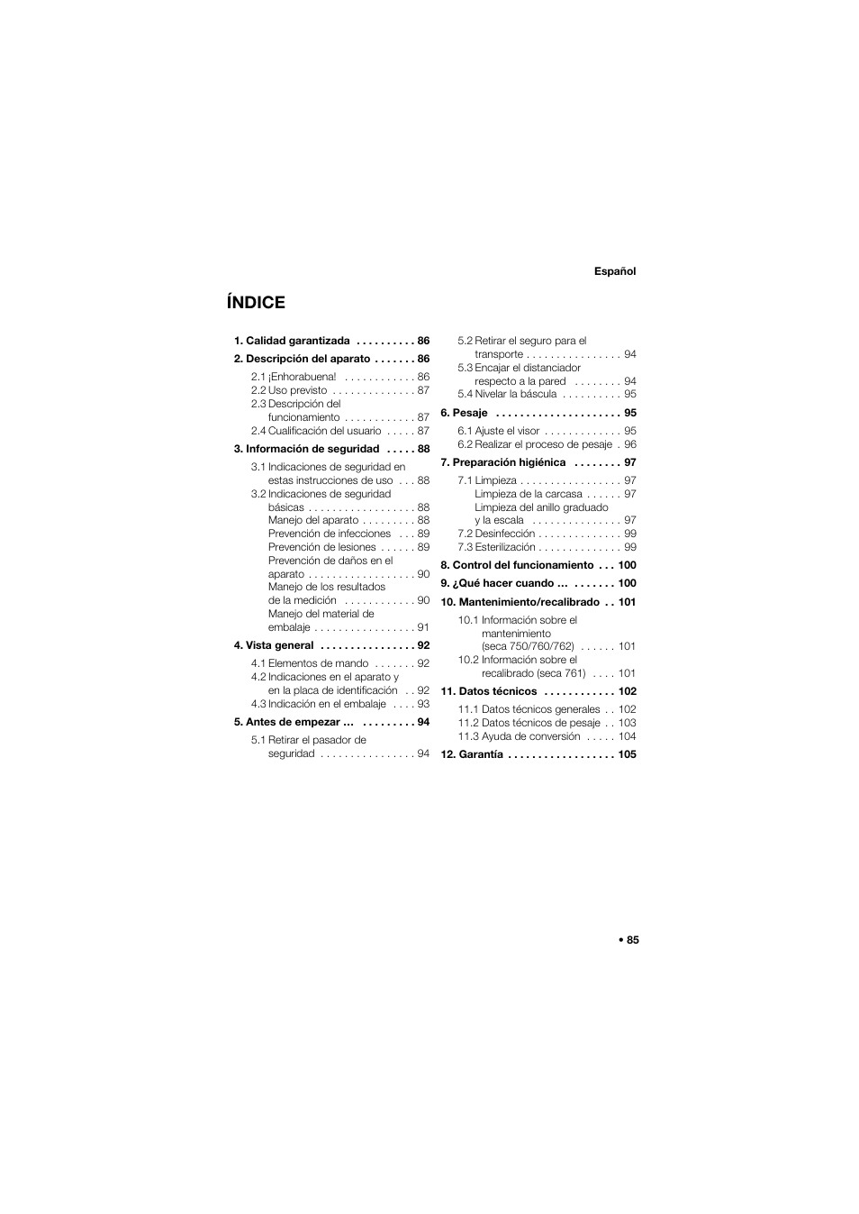 Español, Índice | Seca 762 User Manual | Page 85 / 155