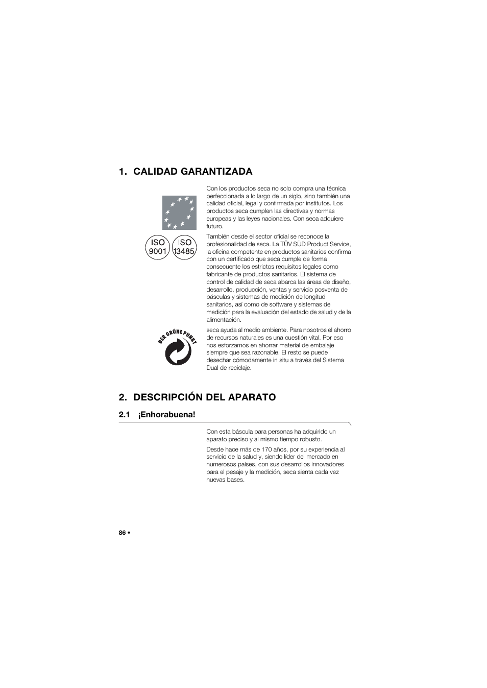 Calidad garantizada, Descripción del aparato, 1 ¡enhorabuena | Seca 762 User Manual | Page 86 / 155
