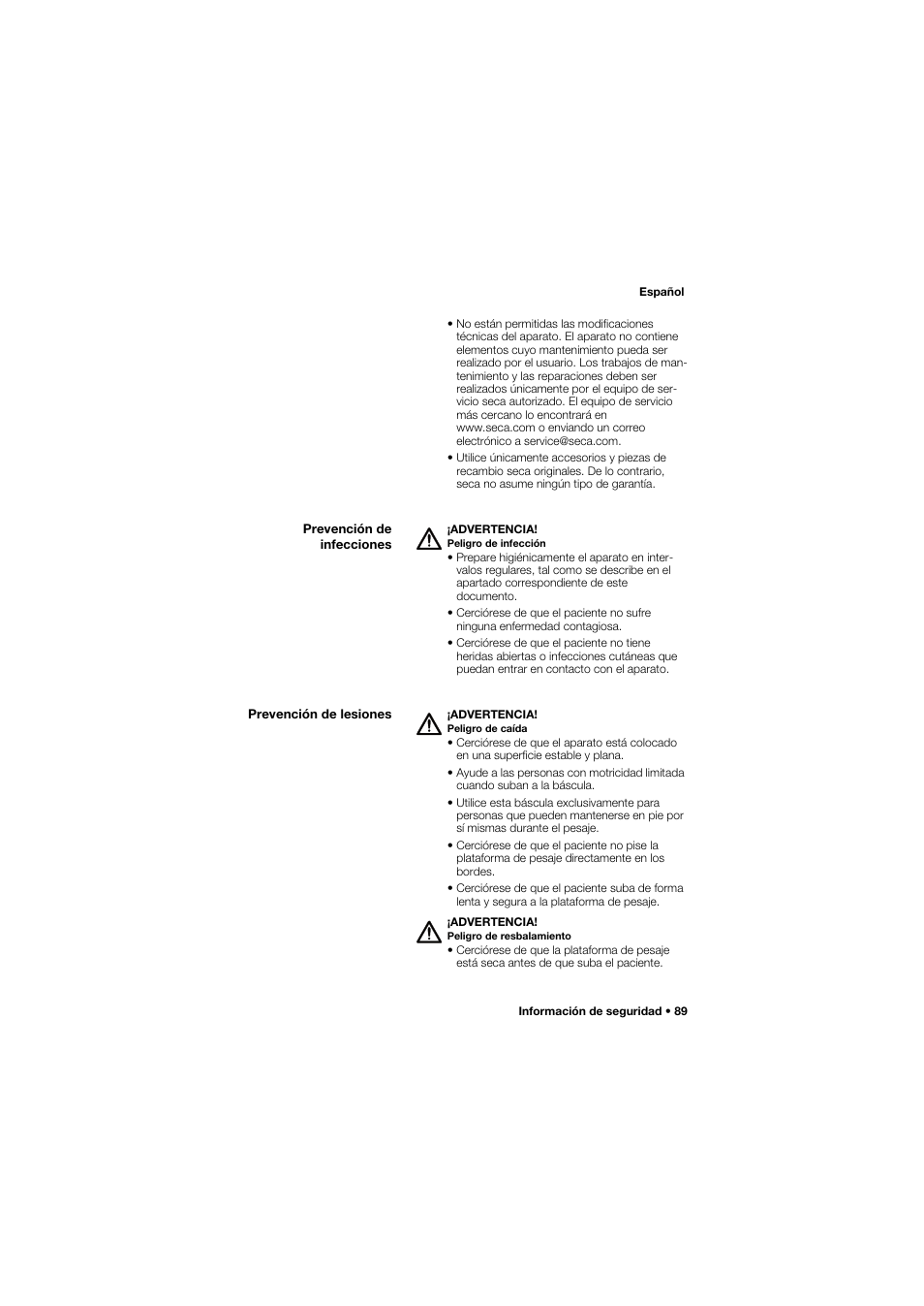 Prevención de infecciones, Prevención de lesiones | Seca 762 User Manual | Page 89 / 155
