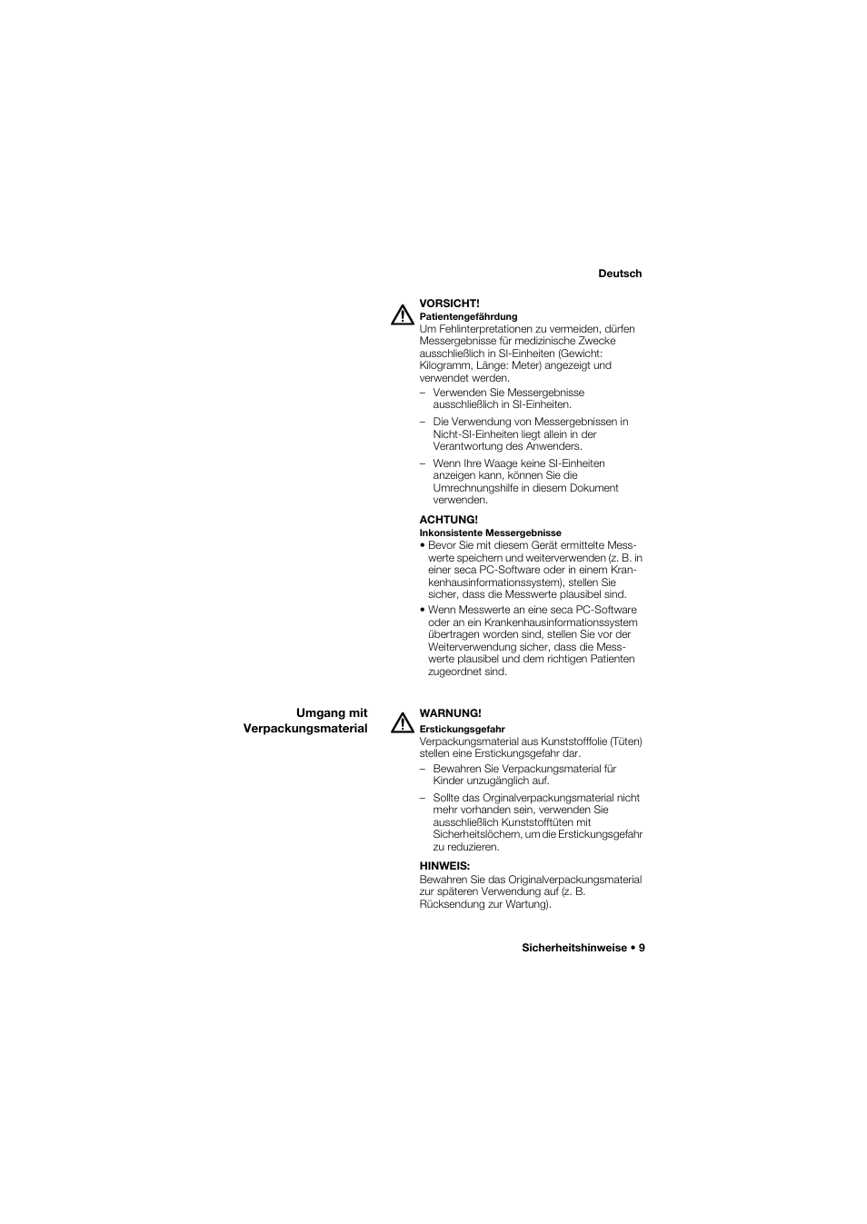 Umgang mit verpackungsmaterial | Seca 762 User Manual | Page 9 / 155