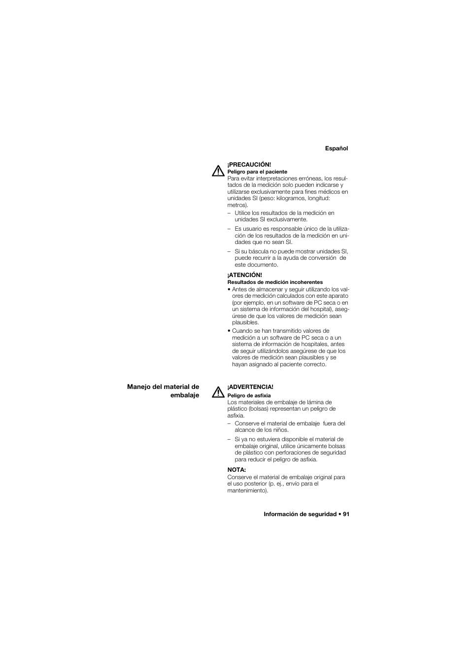 Manejo del material de embalaje | Seca 762 User Manual | Page 91 / 155