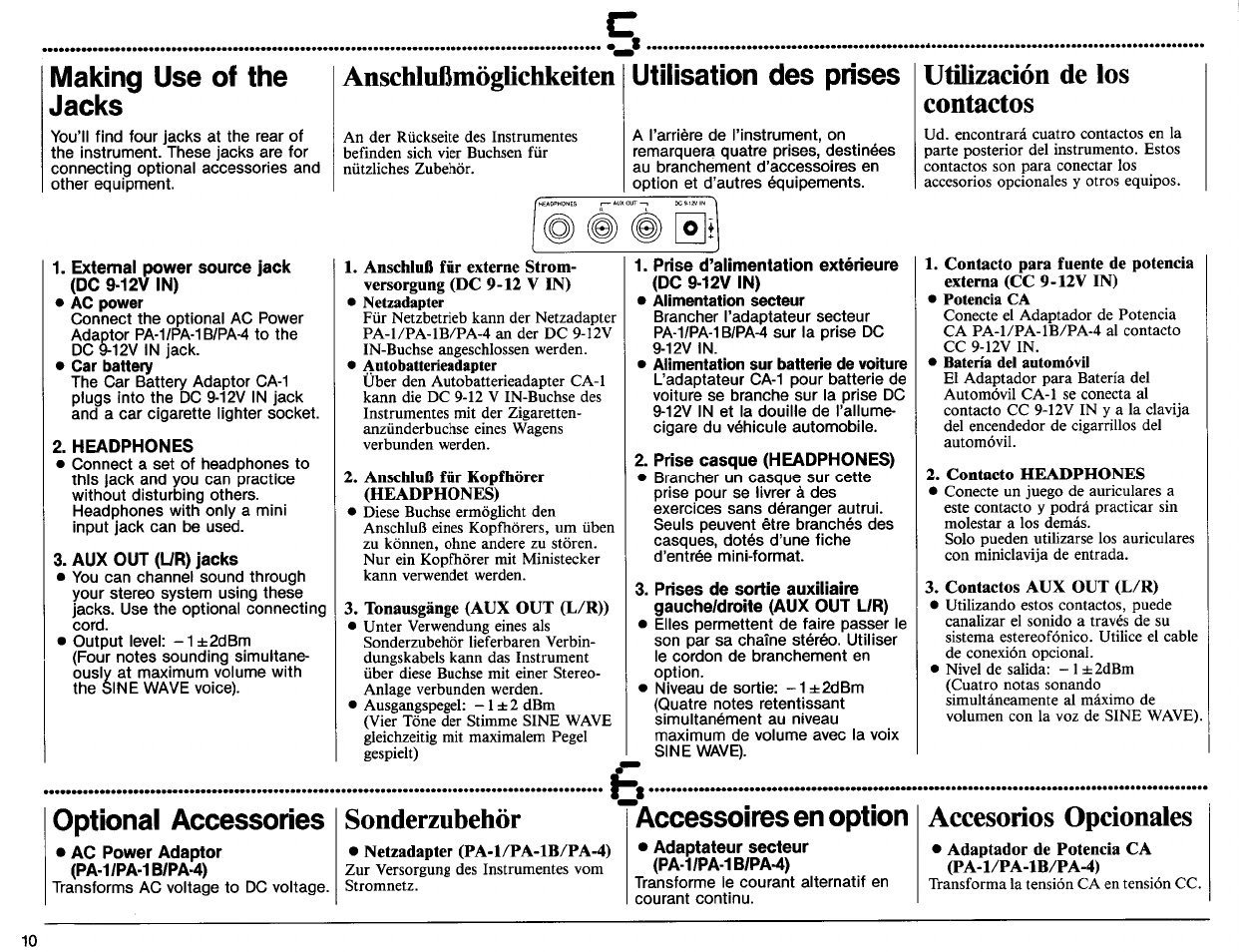 Prise d’alimentation extérieure (dc 9-12v in), Prise casque (headphones), Adaptateur secteur (pa-1/pa-1b/pa-4) | Making use of the jacks, Optional accessories, Anschlußmöglichkeiten, Utilisation des prises, Sonderzubehör, Accessoires en option, Utilización de los contactos | Yamaha PSS-270 User Manual | Page 12 / 16