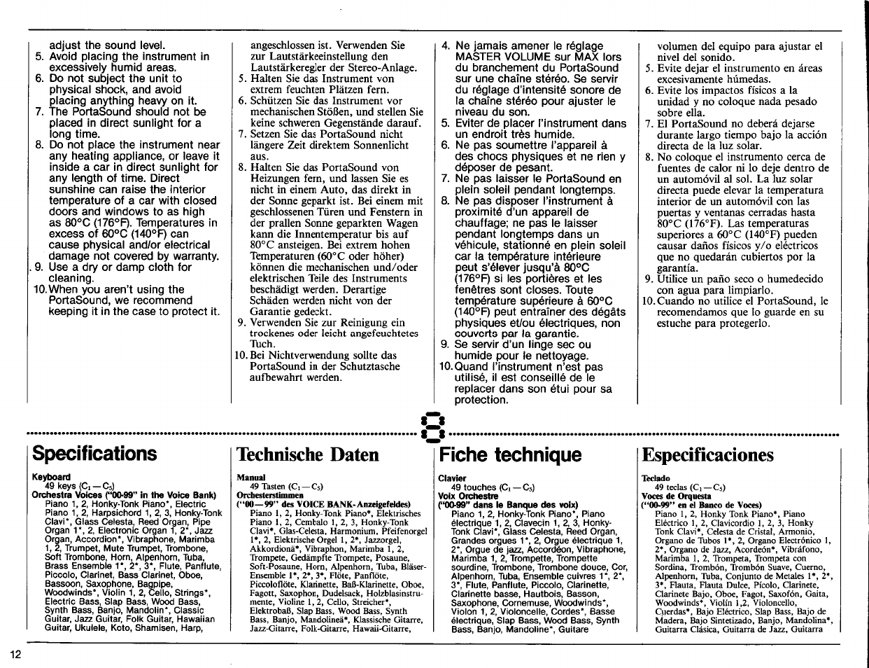 Specifications, Technische daten, Fiche technique | Especificaciones | Yamaha PSS-270 User Manual | Page 14 / 16