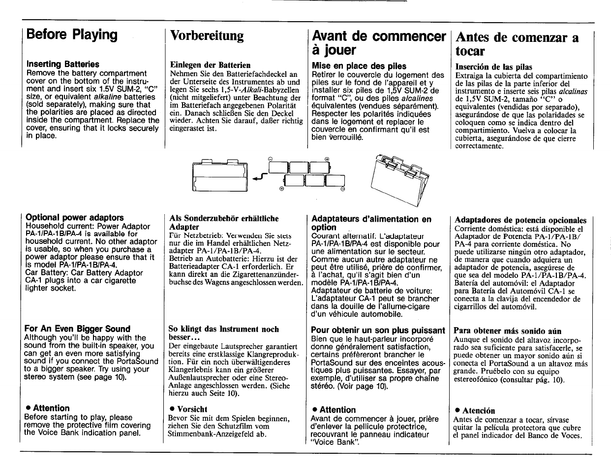 Inserting batteries, Optional power adaptors, For an even bigger sound | Attention, Mise en place des piles, Adaptateurs d’alimentation en option, Pour obtenir un son plus puissant, Before playing, Vorbereitung, Avant de commencer à jouer | Yamaha PSS-270 User Manual | Page 2 / 16