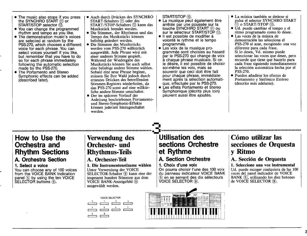 A. orchestra section, Select a voice, A. section orchestre | Choix d’une voix, Verwendung des orchester- und rhythmus-teils, Cómo utilizar las secciones de orquesta y ritmo | Yamaha PSS-270 User Manual | Page 5 / 16