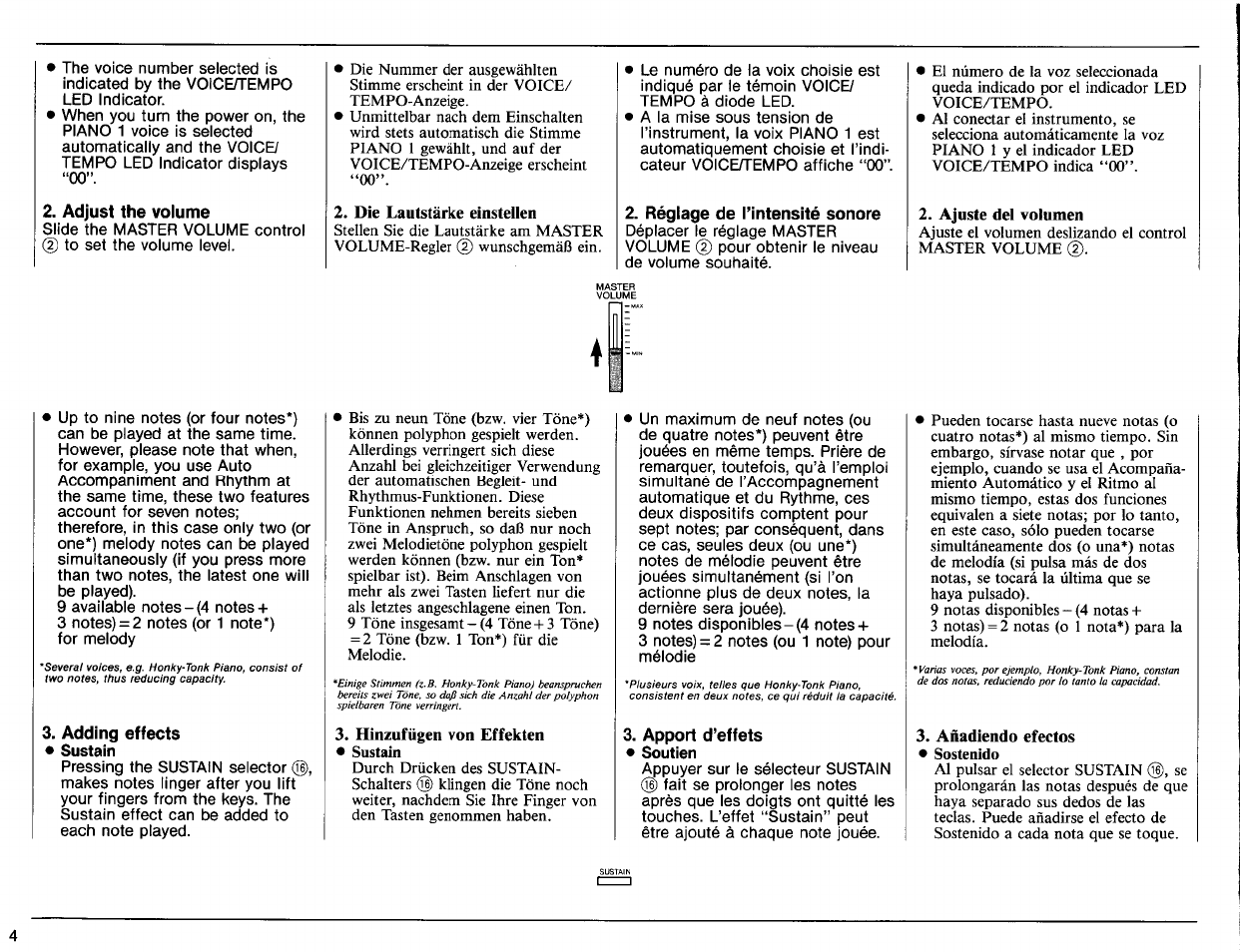 Adjust the volume, Réglage de l’intensité sonore, Adding effects • sustain | Apport d’effets | Yamaha PSS-270 User Manual | Page 6 / 16