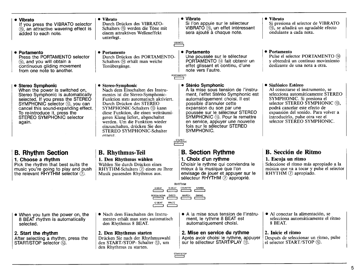 B. rhythm section, Choose a rhythm, B. section rythme | Choix d’un rythme, 2, start the itiythm, Mise en service du rythme, B. rhythmus-teil, B. sección de ritmo | Yamaha PSS-270 User Manual | Page 7 / 16