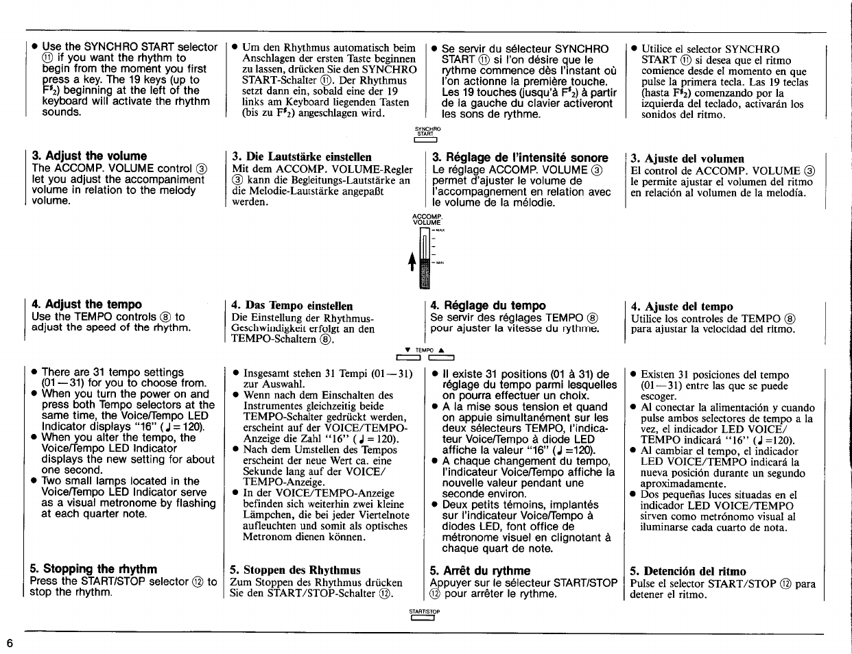 Adjust the volume, Adjust the tempo, Stopping the rhythm | Réglage de tintensité sonore, Réglage du tempo, Arrêt du rythme | Yamaha PSS-270 User Manual | Page 8 / 16