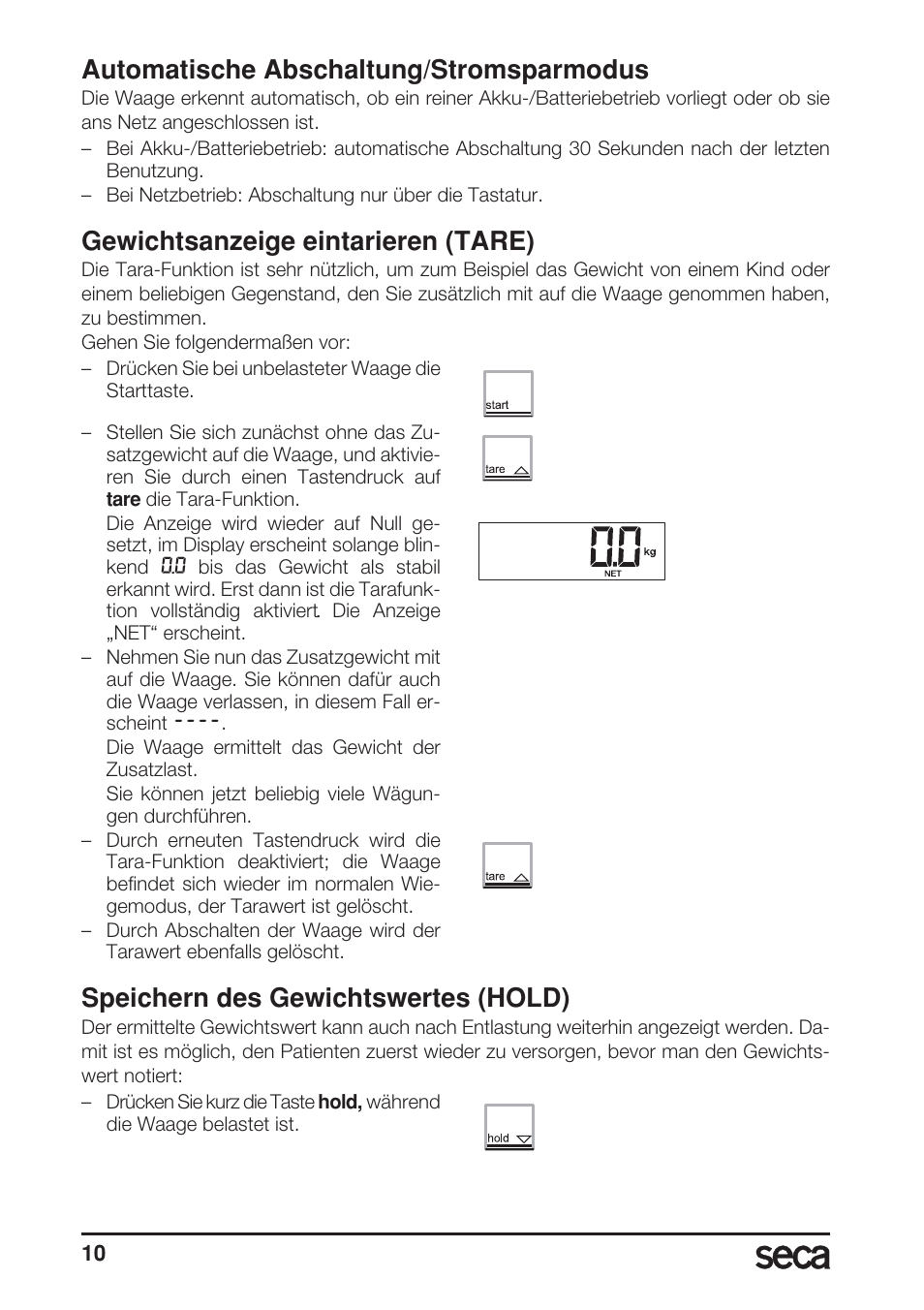 Automatische abschaltung/stromsparmodus, Gewichtsanzeige eintarieren (tare), Speichern des gewichtswertes (hold) | Seca 899 User Manual | Page 10 / 188