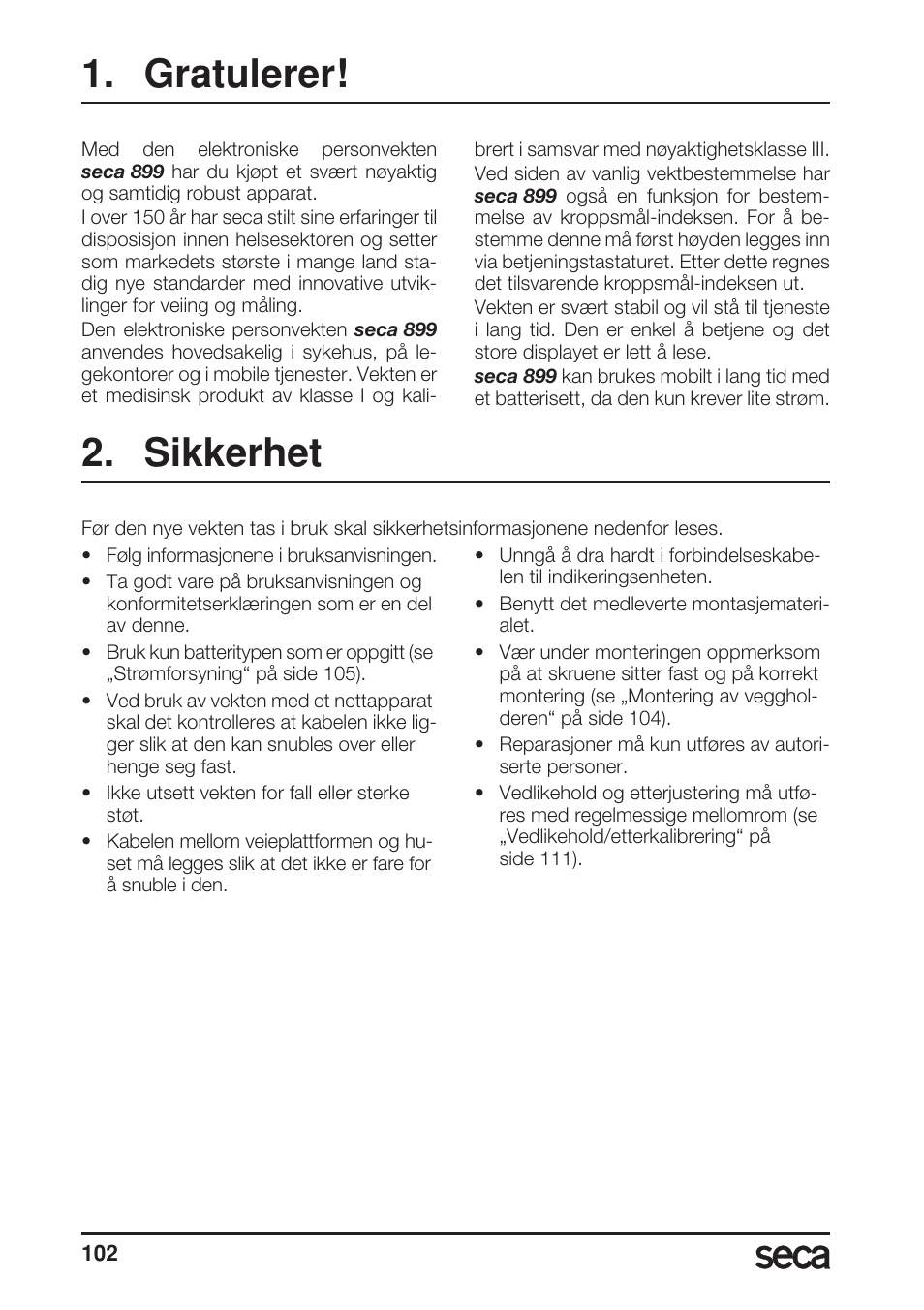 Gratulerer, Sikkerhet | Seca 899 User Manual | Page 102 / 188