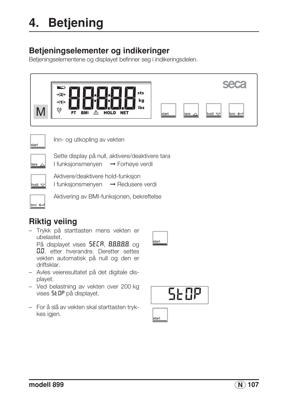 Betjening, Betjeningselementer og indikeringer, Riktig veiing | Seca 899 User Manual | Page 107 / 188
