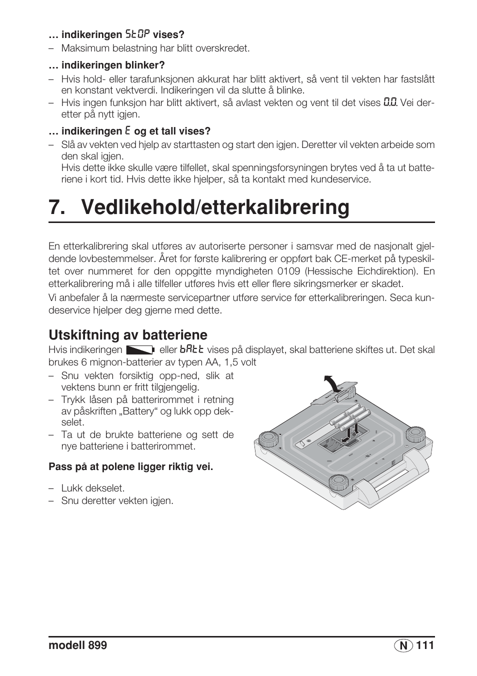 Vedlikehold/etterkalibrering, Utskiftning av batteriene | Seca 899 User Manual | Page 111 / 188