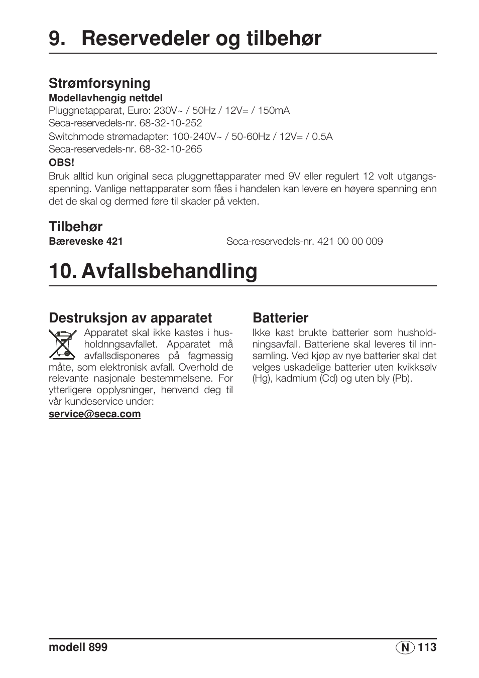 Reservedeler og tilbehør, Strømforsyning, Tilbehør | Avfallsbehandling, Destruksjon av apparatet, Batterier | Seca 899 User Manual | Page 113 / 188