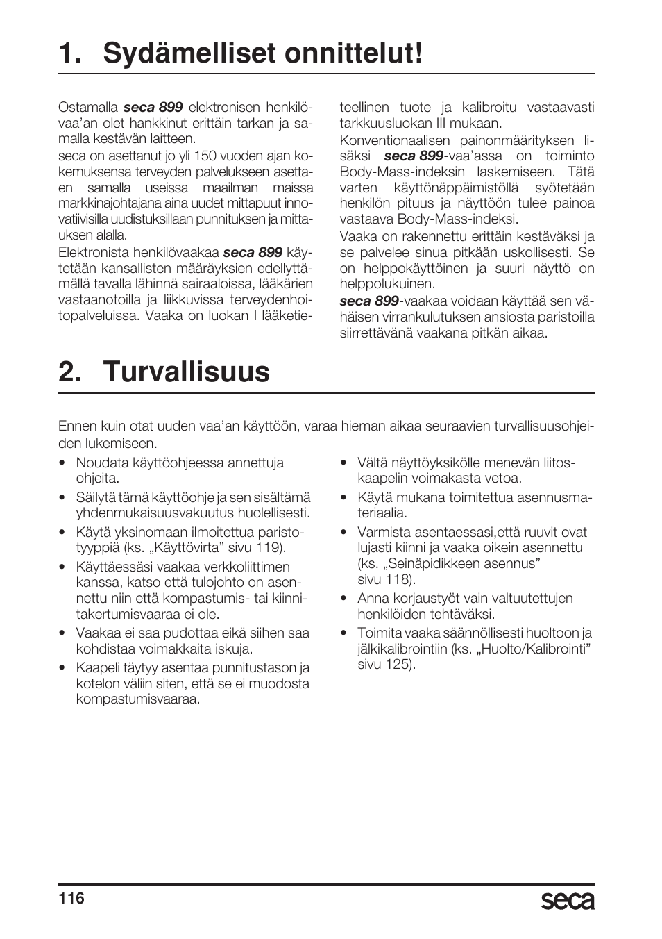 Sydämelliset onnittelut, Turvallisuus | Seca 899 User Manual | Page 116 / 188