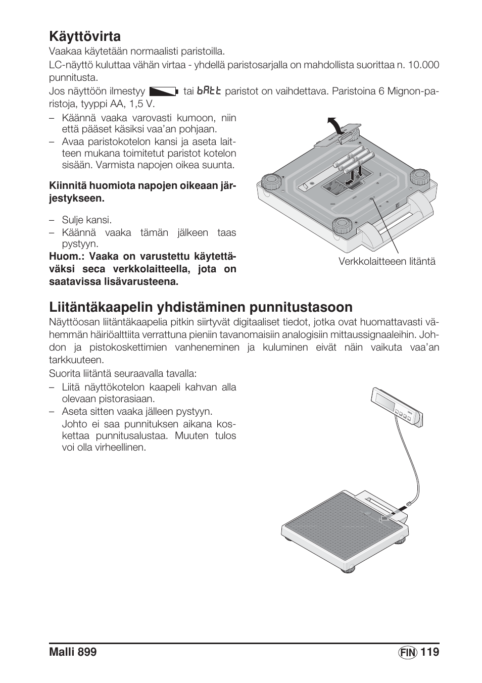 Käyttövirta, Liitäntäkaapelin yhdistäminen punnitustasoon | Seca 899 User Manual | Page 119 / 188
