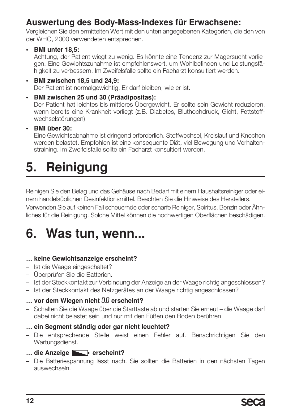 Auswertung des body-mass-indexes für erwachsene, Reinigung, Was tun, wenn | Seca 899 User Manual | Page 12 / 188