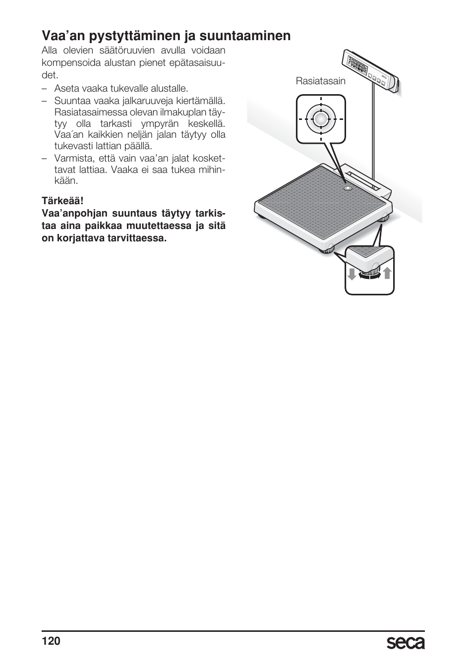 Vaa’an pystyttäminen ja suuntaaminen | Seca 899 User Manual | Page 120 / 188