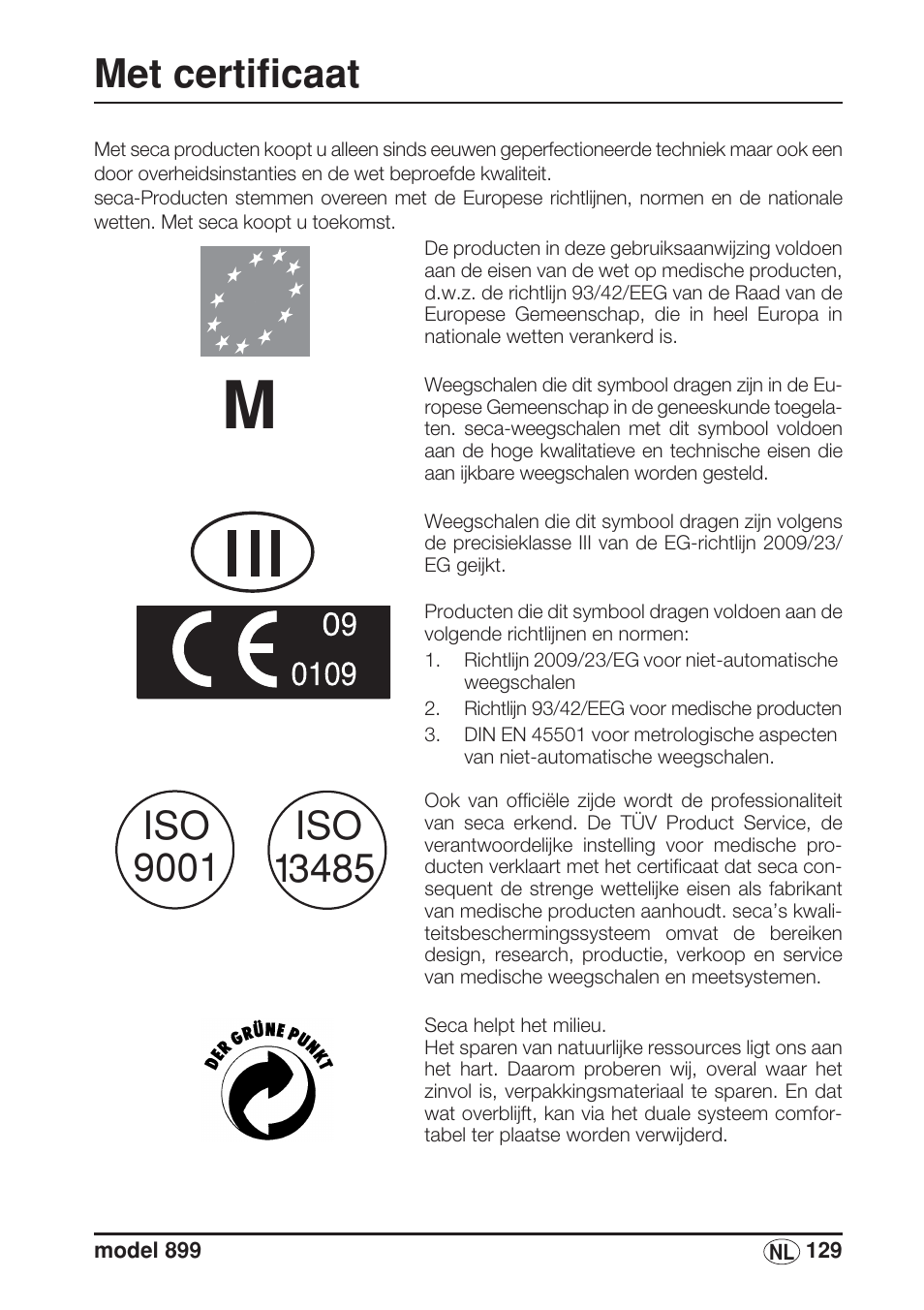Nederlands, Met certificaat | Seca 899 User Manual | Page 129 / 188