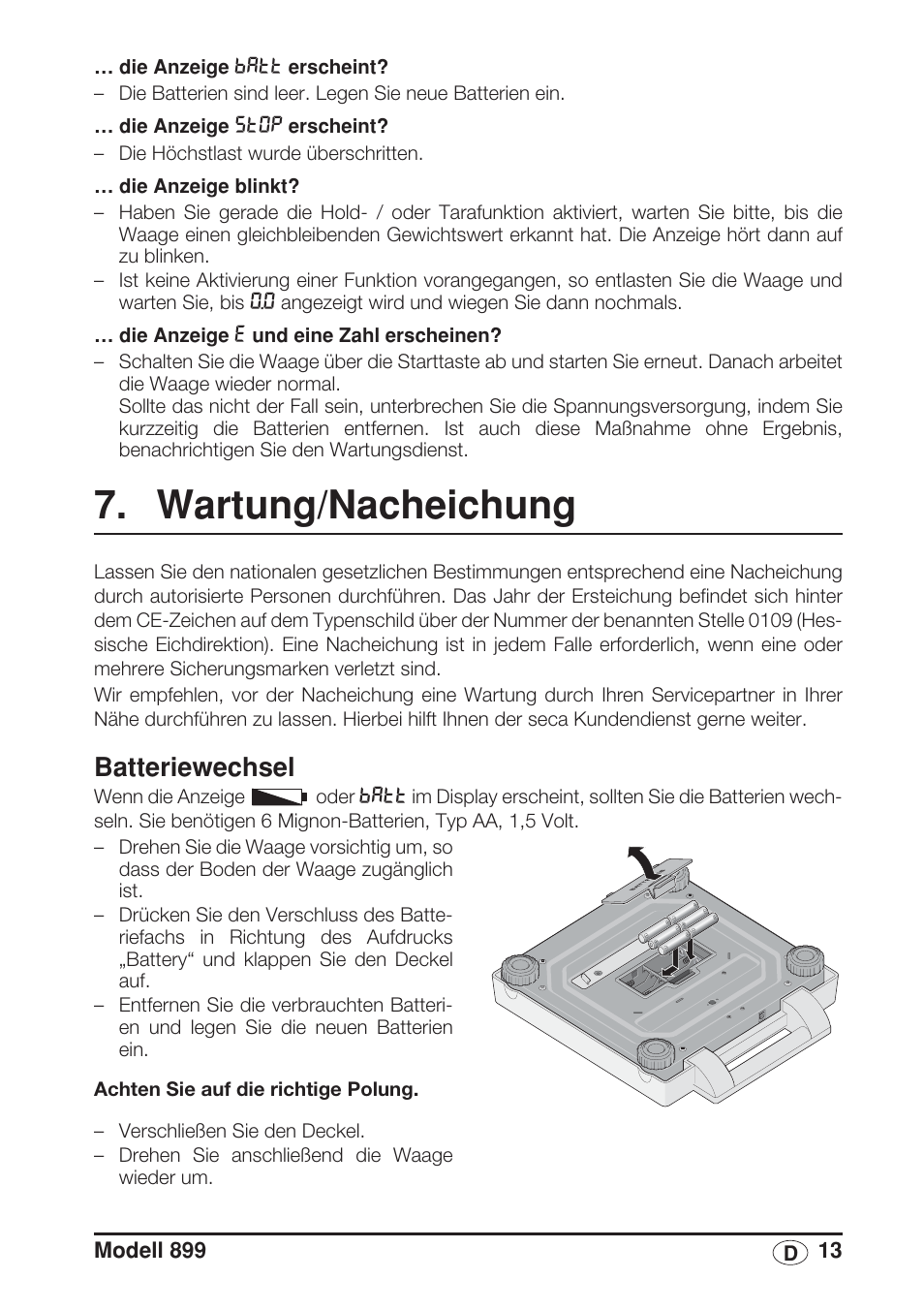 Wartung/nacheichung, Batteriewechsel | Seca 899 User Manual | Page 13 / 188