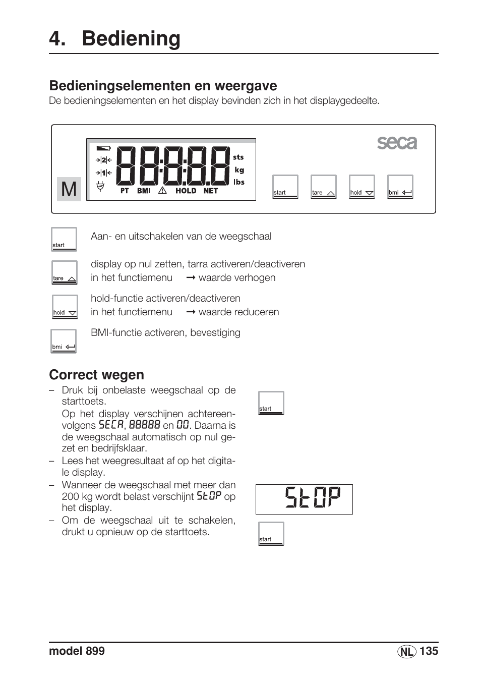 Bediening, Bedieningselementen en weergave, Correct wegen | Seca 899 User Manual | Page 135 / 188