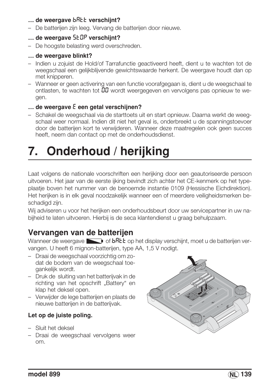 Onderhoud / herijking, Vervangen van de batterijen | Seca 899 User Manual | Page 139 / 188