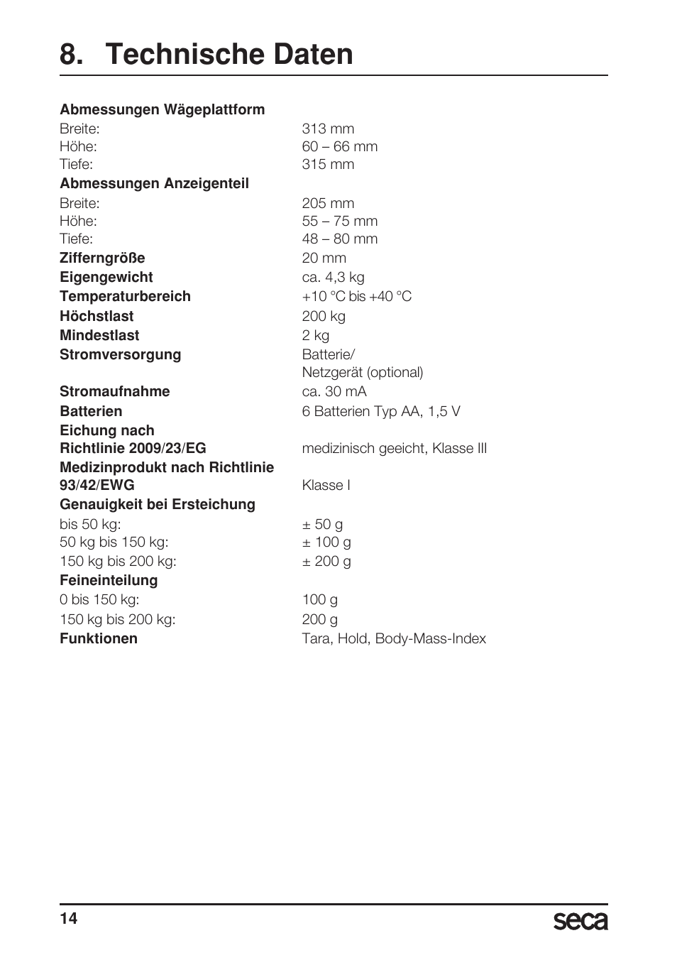 Technische daten | Seca 899 User Manual | Page 14 / 188
