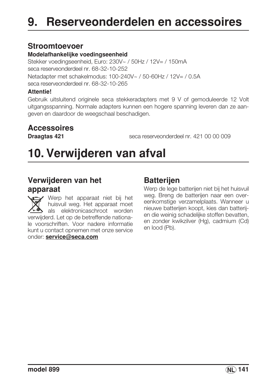 Reserveonderdelen en accessoires, Stroomtoevoer, Accessoires | Verwijderen van afval, Verwijderen van het apparaat, Batterijen | Seca 899 User Manual | Page 141 / 188