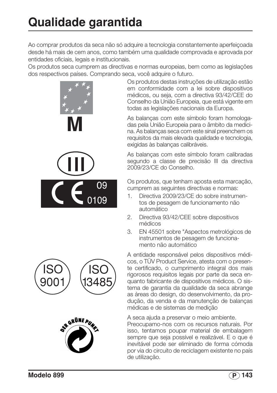 Português, Qualidade garantida | Seca 899 User Manual | Page 143 / 188