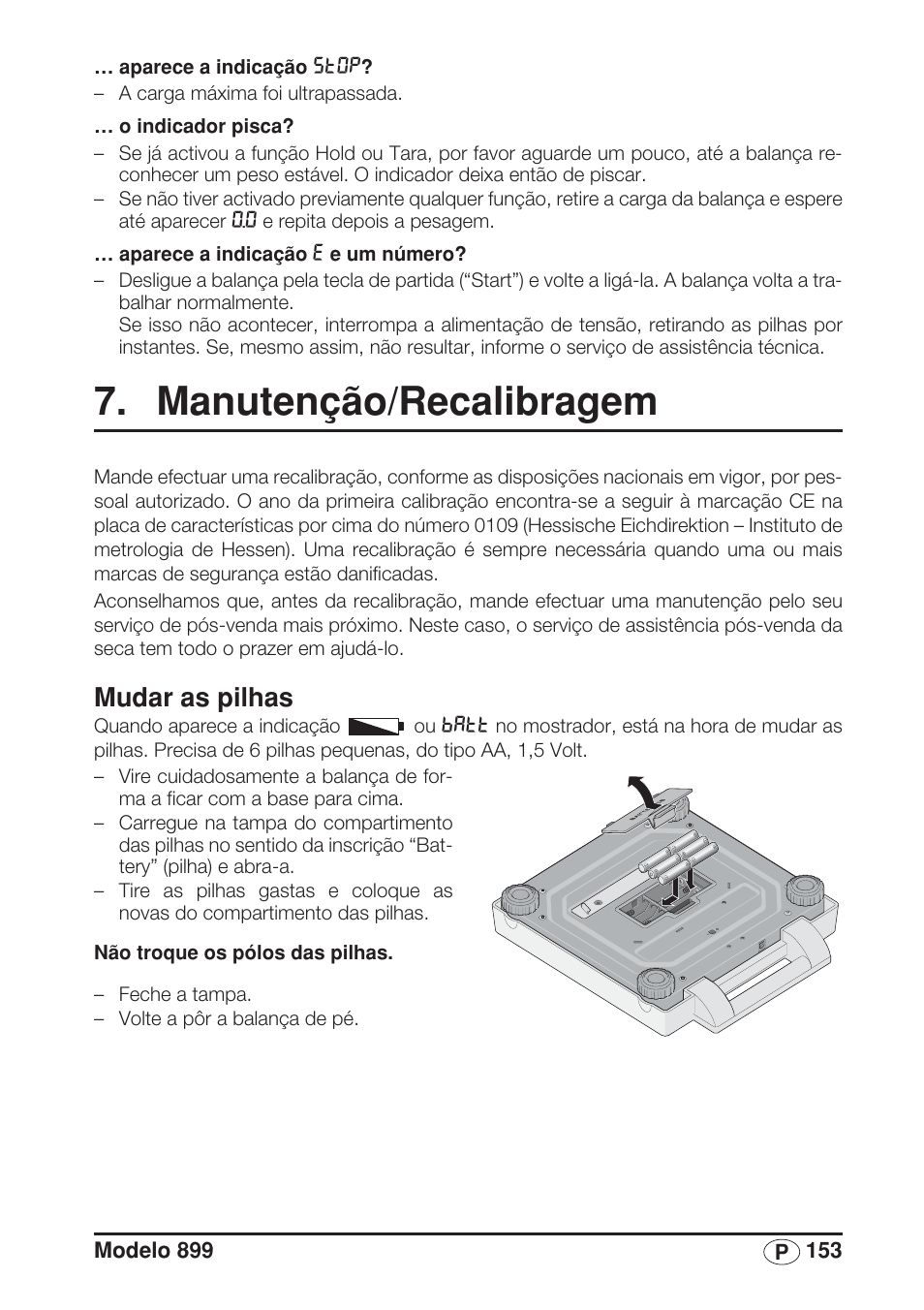 Manutenção/recalibragem, Mudar as pilhas | Seca 899 User Manual | Page 153 / 188