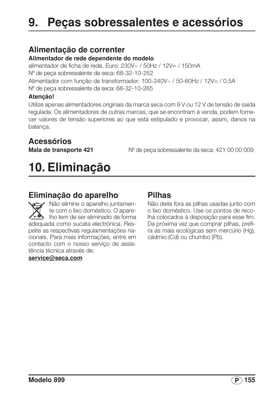 Peças sobressalentes e acessórios, Alimentação de correnter, Acessórios | Eliminação, Eliminação do aparelho, Pilhas | Seca 899 User Manual | Page 155 / 188