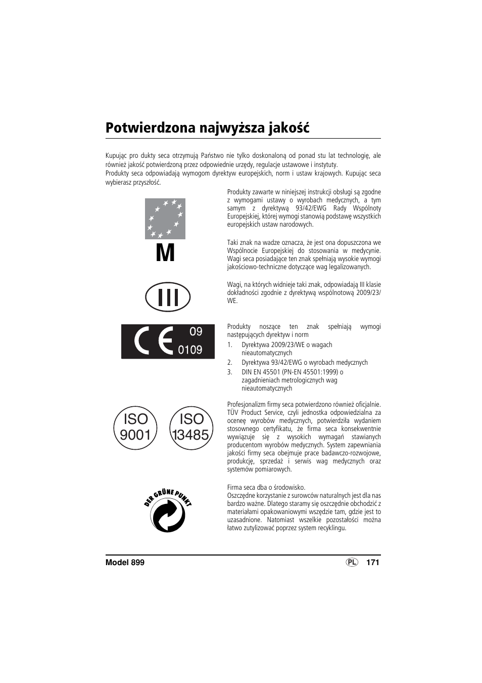 Polski, Potwierdzona najwyższa jakość | Seca 899 User Manual | Page 171 / 188