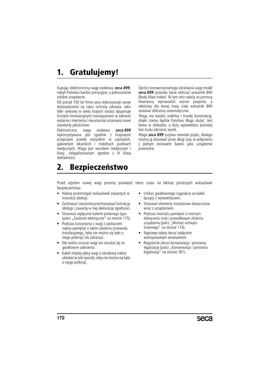 Gratulujemy, Bezpieczeństwo | Seca 899 User Manual | Page 172 / 188