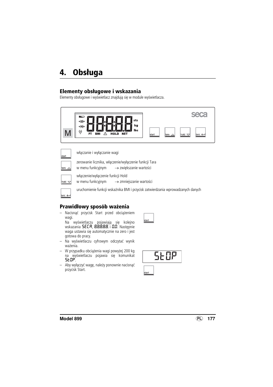 Obsługa, Elementy obsługowe i wskazania, Prawidłowy sposób ważenia | Seca 899 User Manual | Page 177 / 188