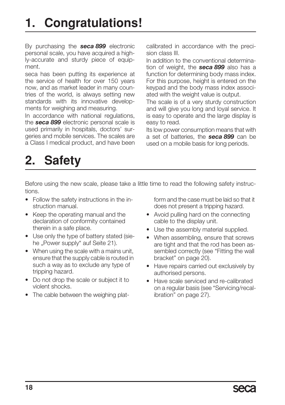 Congratulations, Safety | Seca 899 User Manual | Page 18 / 188