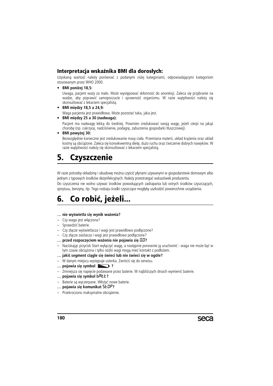 Interpretacja wskaźnika bmi dla dorosłych, Czyszczenie, Co robić, jeżeli | Seca 899 User Manual | Page 180 / 188