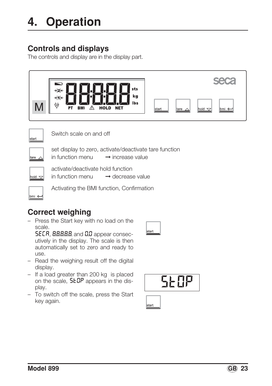 Operation, Controls and displays, Correct weighing | Seca 899 User Manual | Page 23 / 188