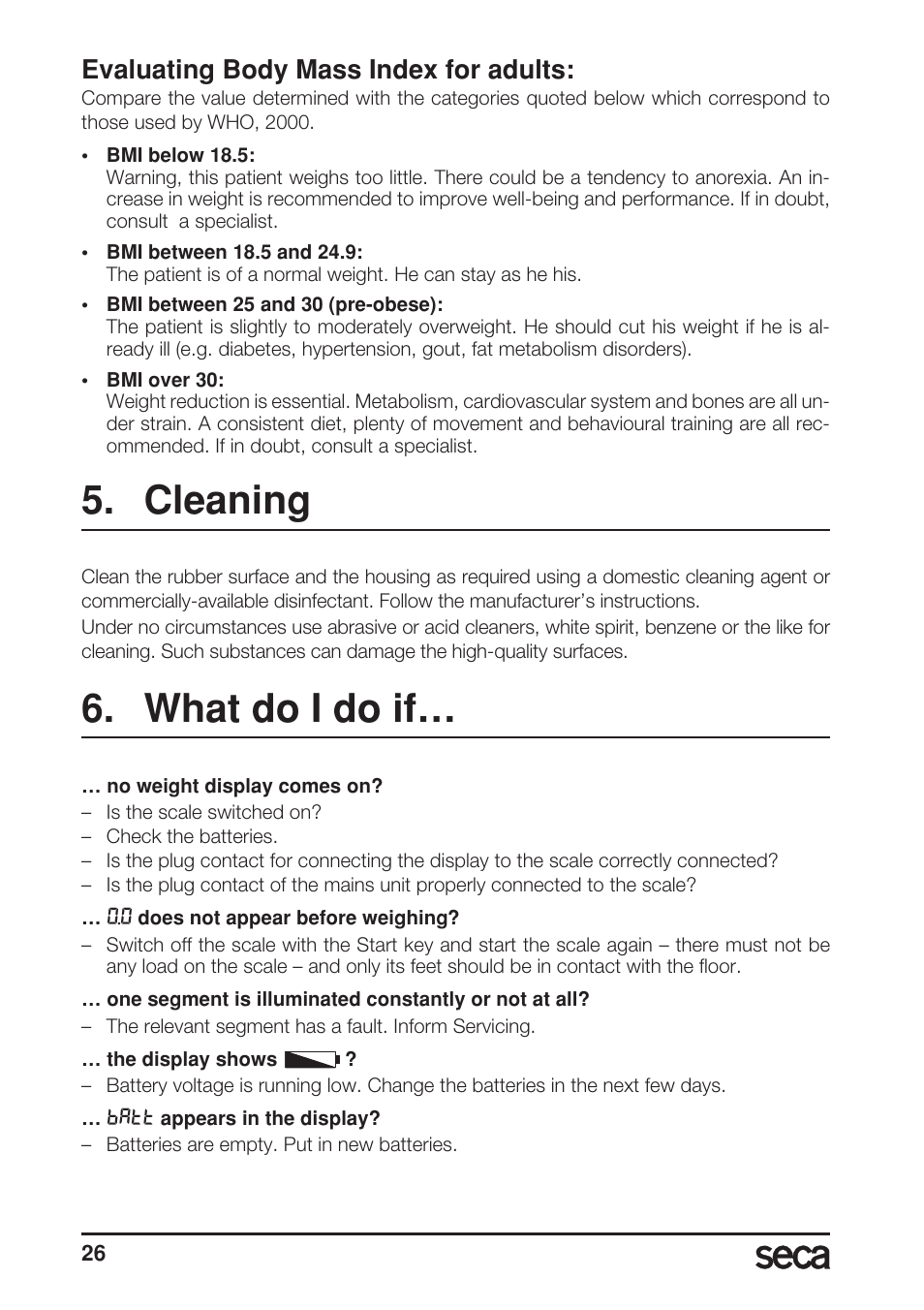 Evaluating body mass index for adults, Cleaning, What do i do if | Seca 899 User Manual | Page 26 / 188