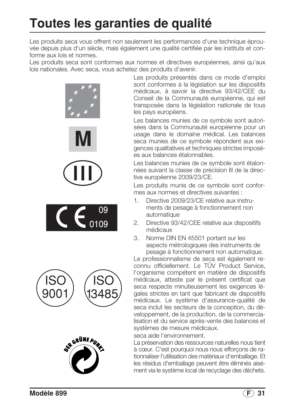 Français, Toutes les garanties de qualité | Seca 899 User Manual | Page 31 / 188