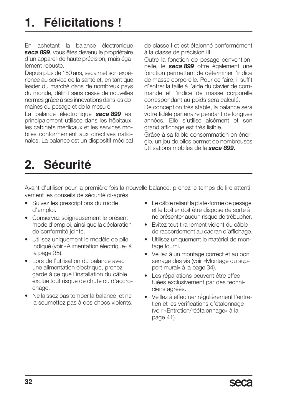 Félicitations, Sécurité | Seca 899 User Manual | Page 32 / 188