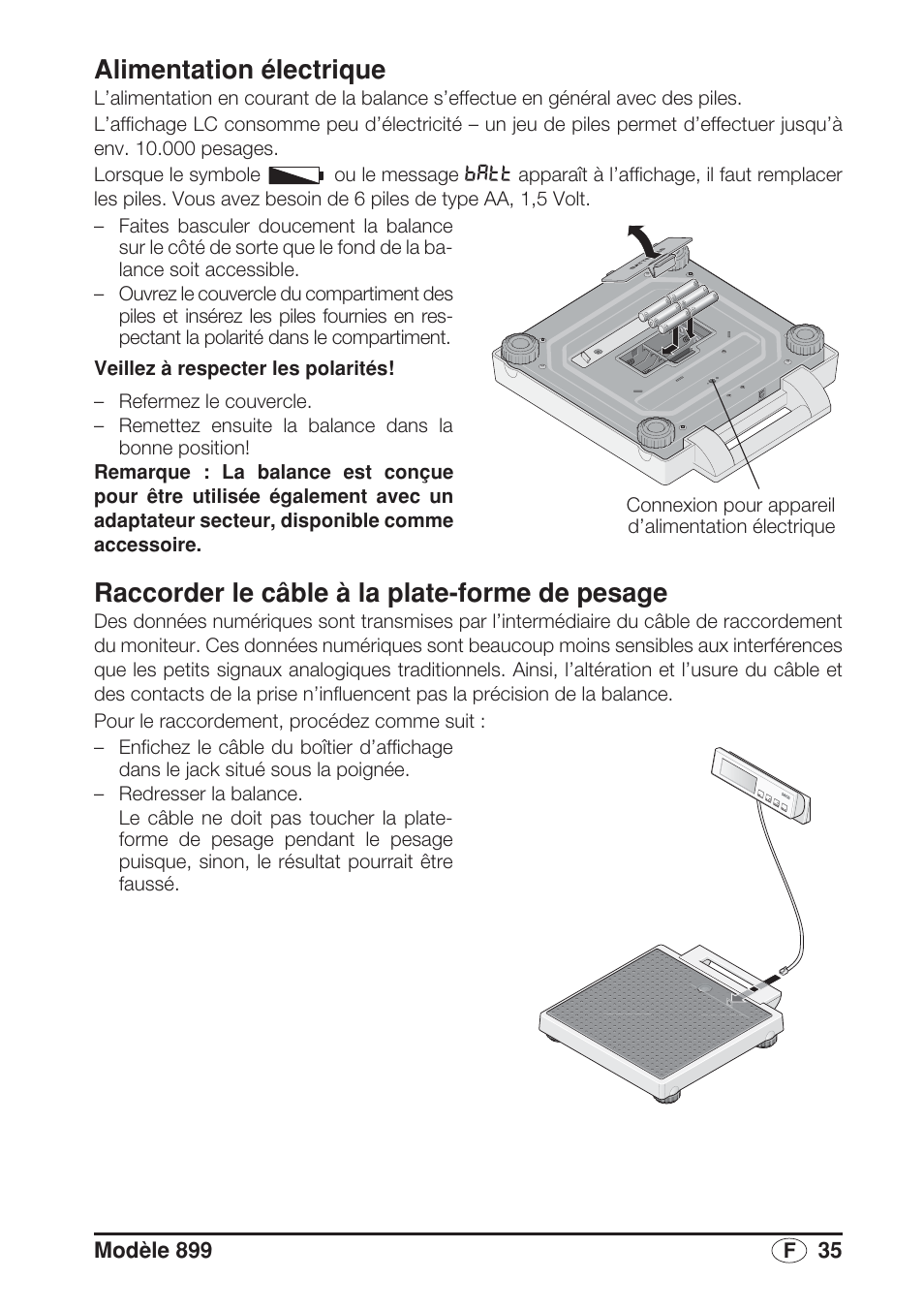 Alimentation électrique, Raccorder le câble à la plate-forme de pesage | Seca 899 User Manual | Page 35 / 188