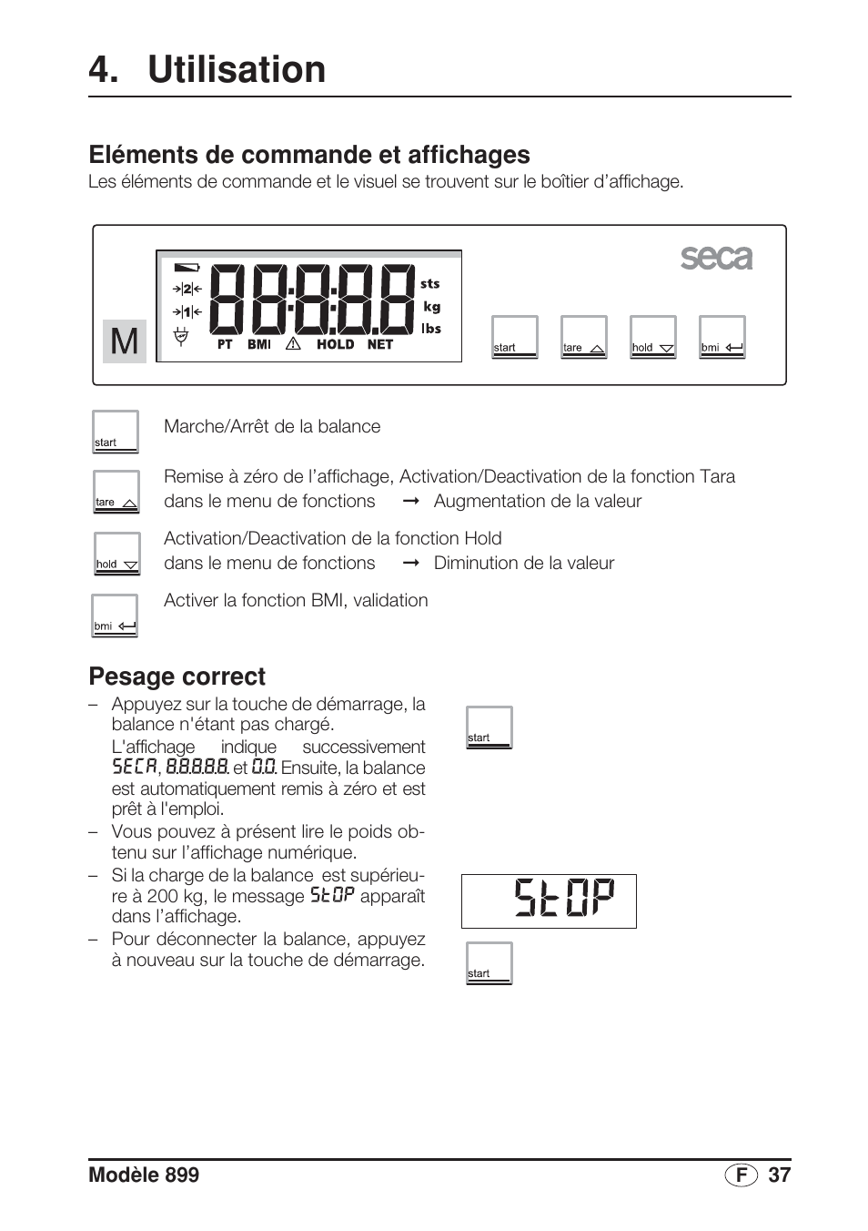 Utilisation, Eléments de commande et affichages, Pesage correct | Seca 899 User Manual | Page 37 / 188