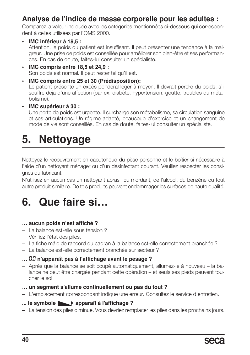 Nettoyage, Que faire si | Seca 899 User Manual | Page 40 / 188