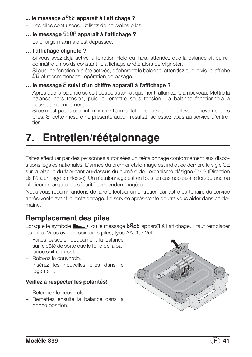 Entretien/réétalonnage, Remplacement des piles | Seca 899 User Manual | Page 41 / 188