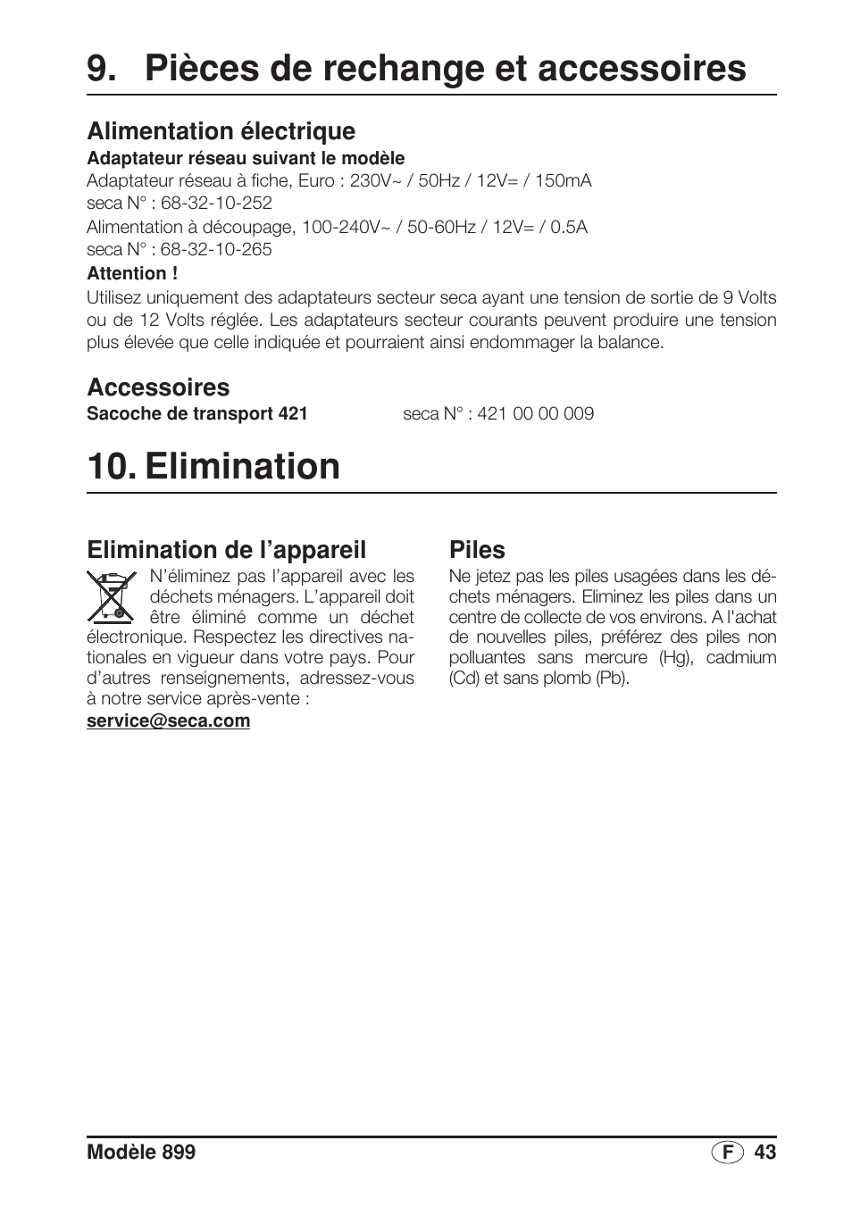 Pièces de rechange et accessoires, Alimentation électrique, Accessoires | Elimination, Elimination de l’appareil, Piles | Seca 899 User Manual | Page 43 / 188
