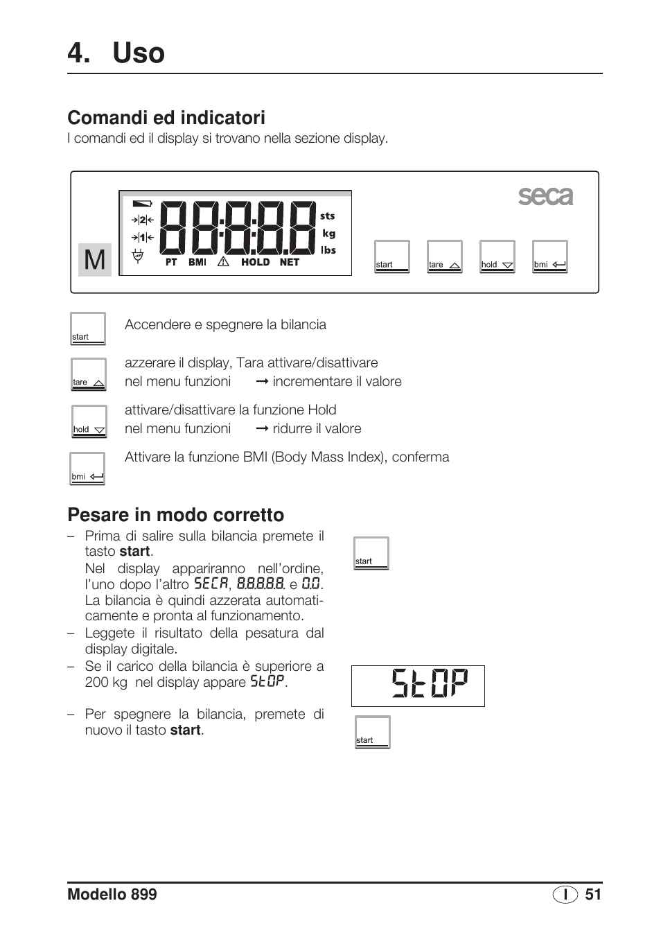 Comandi ed indicatori, Pesare in modo corretto | Seca 899 User Manual | Page 51 / 188