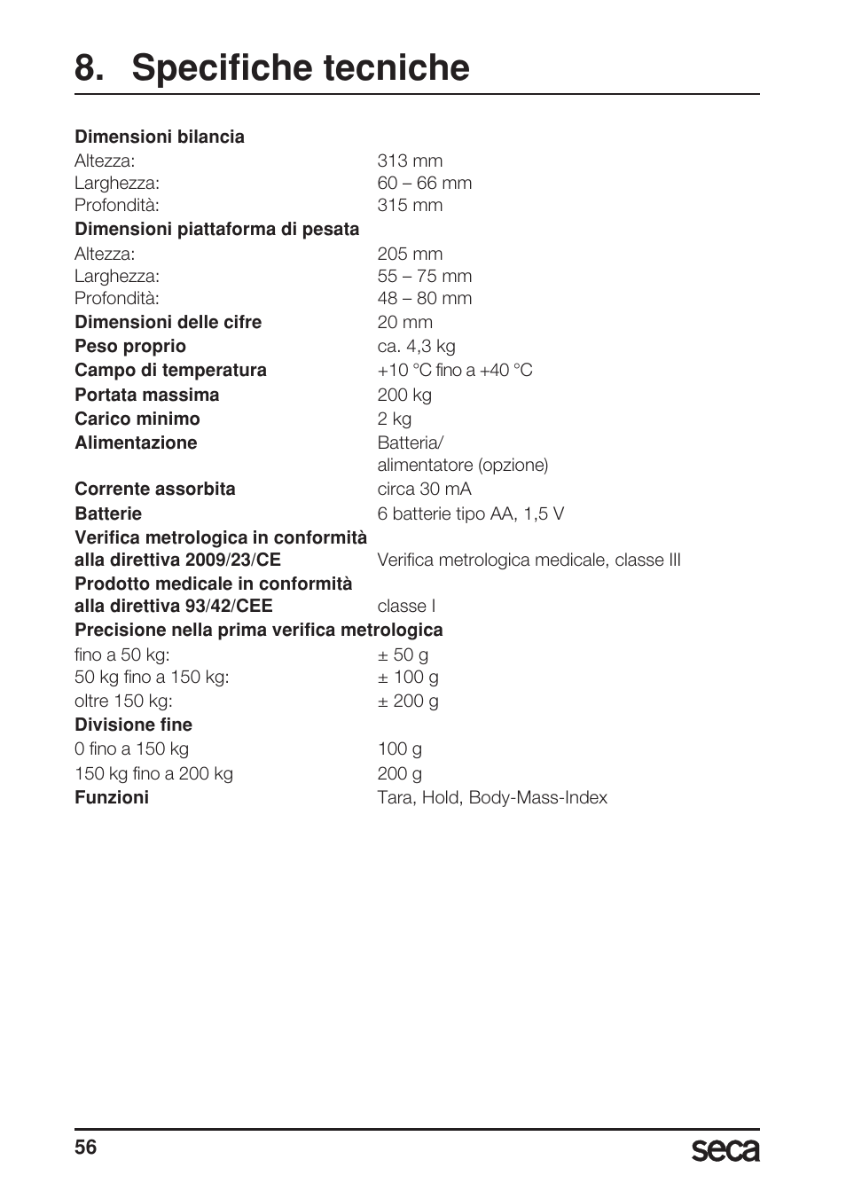Specifiche tecniche | Seca 899 User Manual | Page 56 / 188