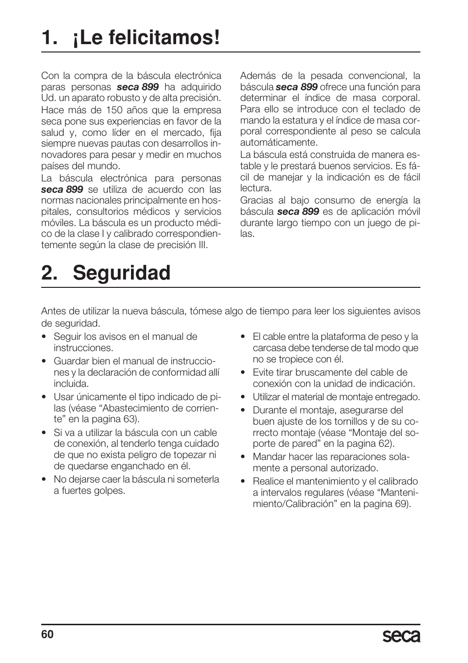 ¡le felicitamos, Seguridad | Seca 899 User Manual | Page 60 / 188